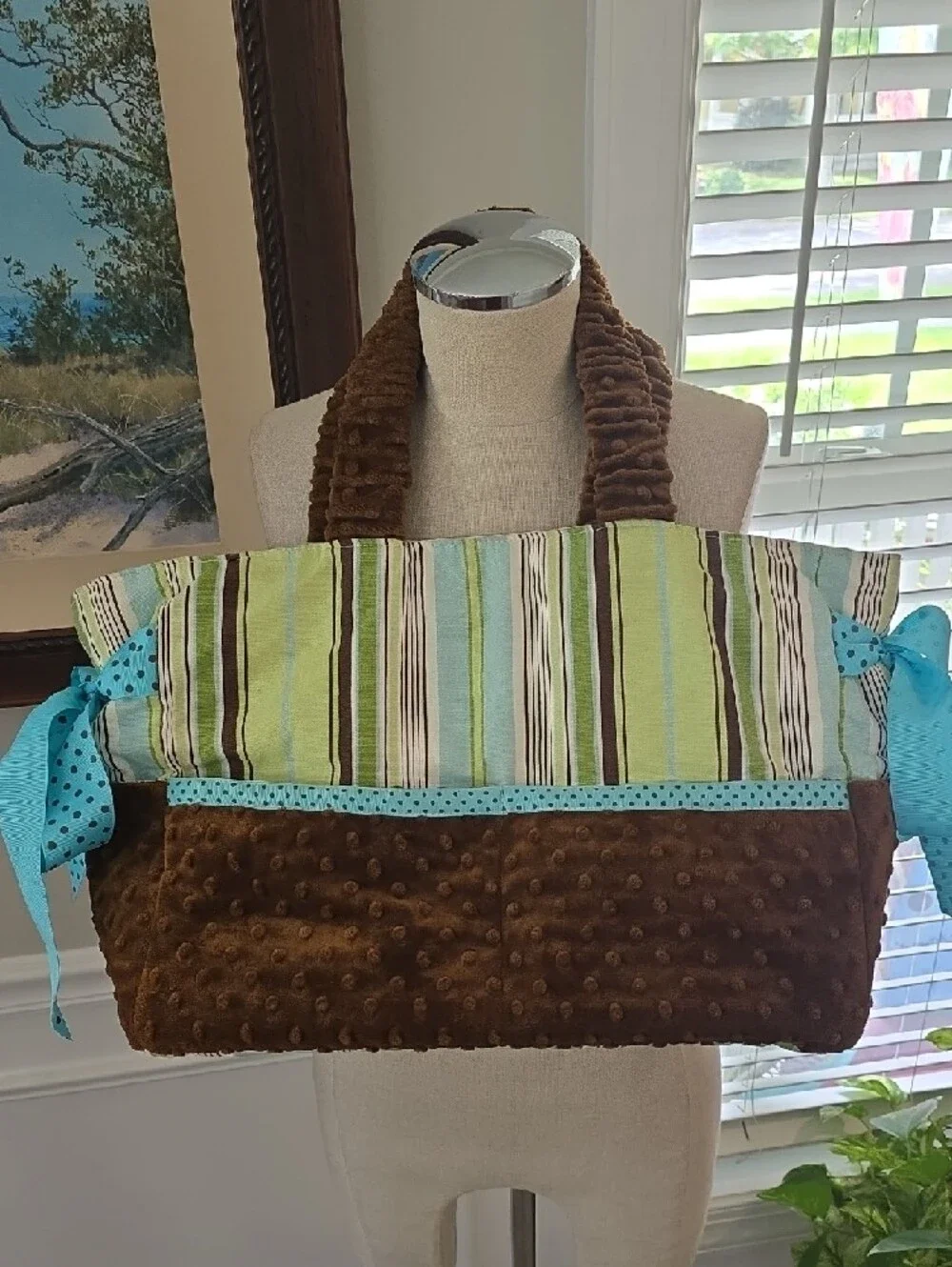 Striped Green and Brown Baby Bag with Blue Accents